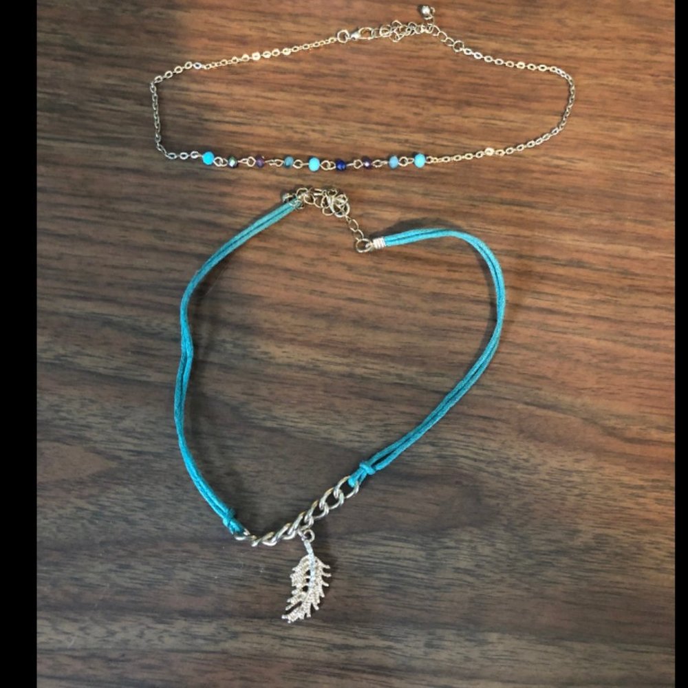 Bohemian choker necklace set, teal with feather